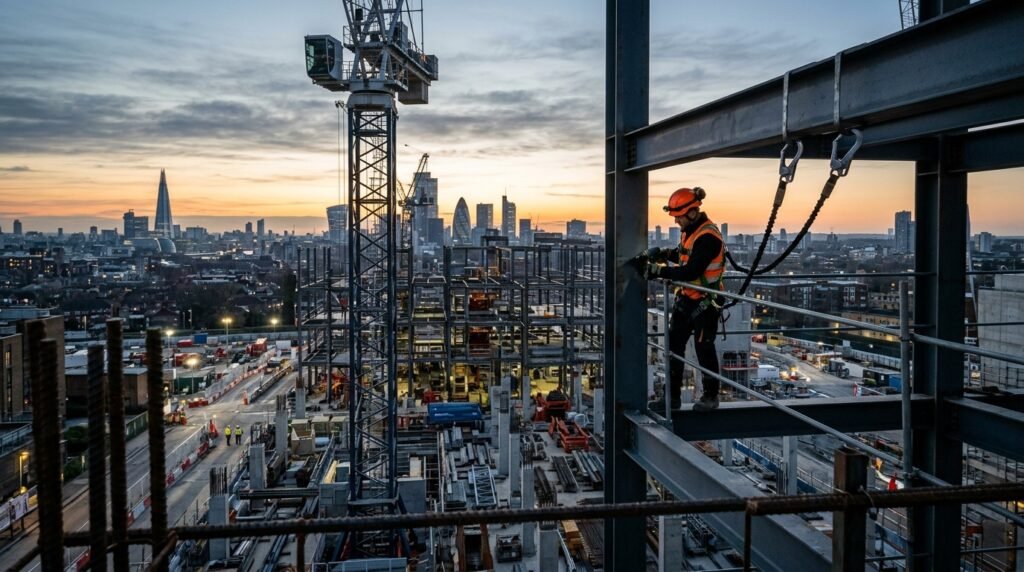 Trabalhador em estrutura elevada usando acessórios para trabalho em altura em um amplo canteiro de obras industrial.