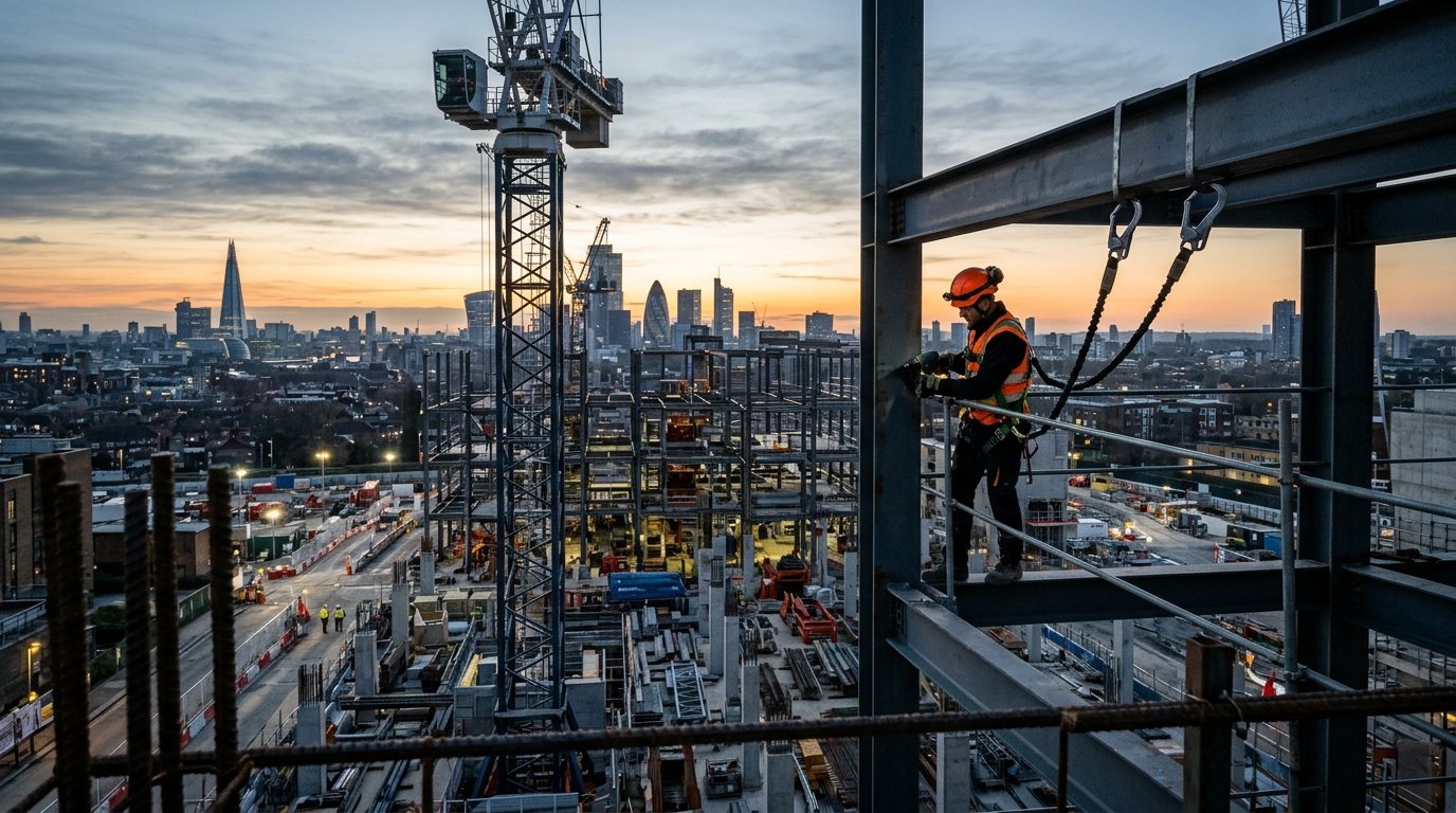 Trabalhador em estrutura elevada usando acessórios para trabalho em altura em um amplo canteiro de obras industrial.