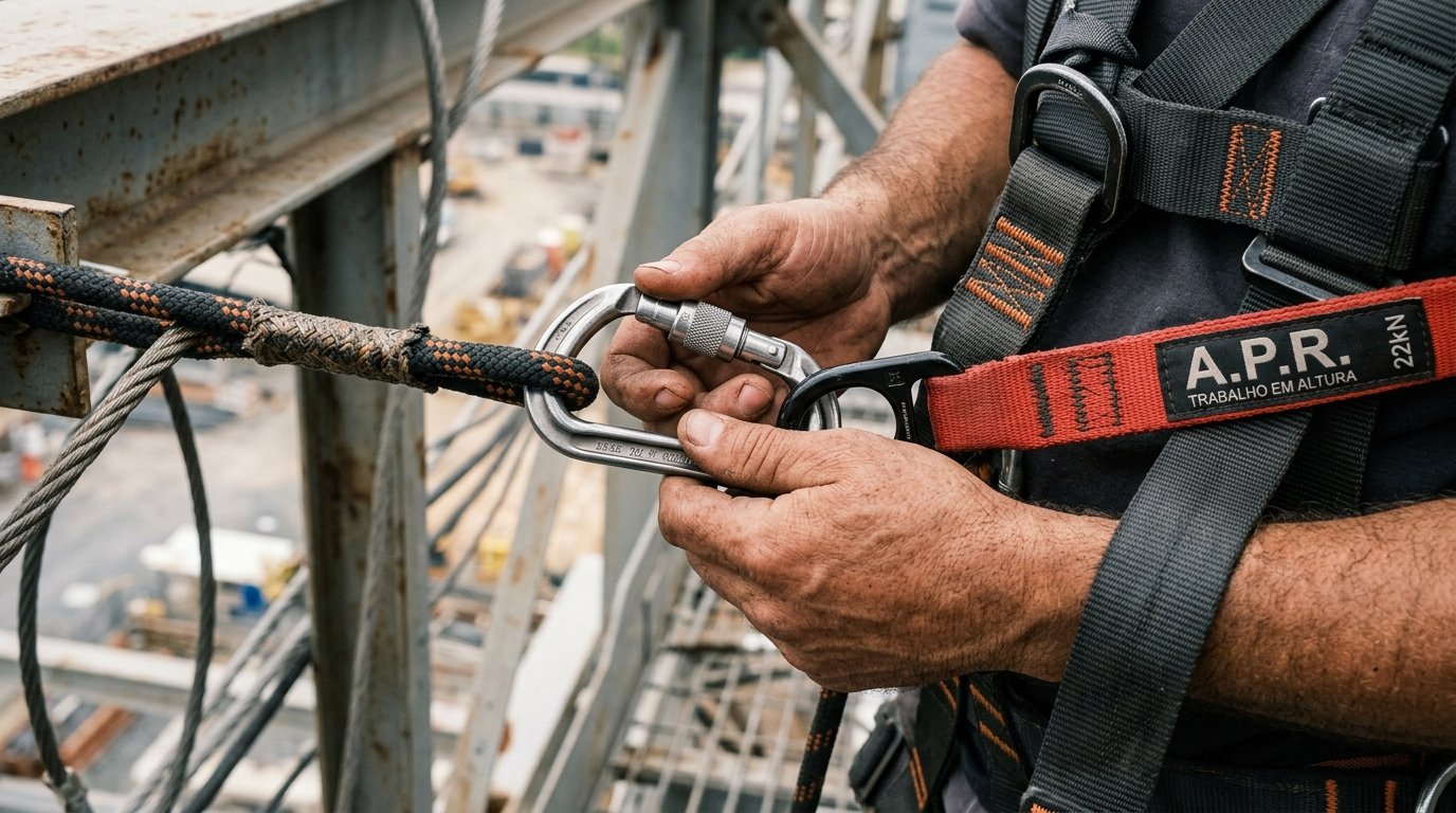 Detalhe de mãos de técnico prendendo mosquetão em linha de vida, foco nos equipamentos de apr para trabalho em altura.