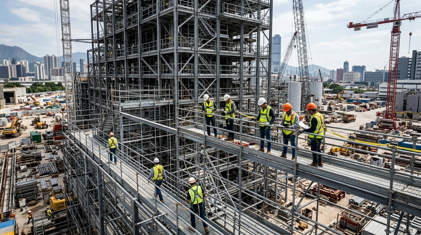 Trabalhadores em andaimes de grande canteiro industrial durante inspeção de segurança e apr para trabalho em altura.
