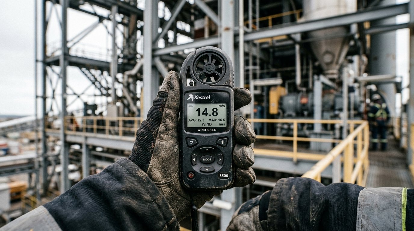 Close de anemômetro digital medindo o limite de velocidade do vento no trabalho em altura em canteiro de obras.