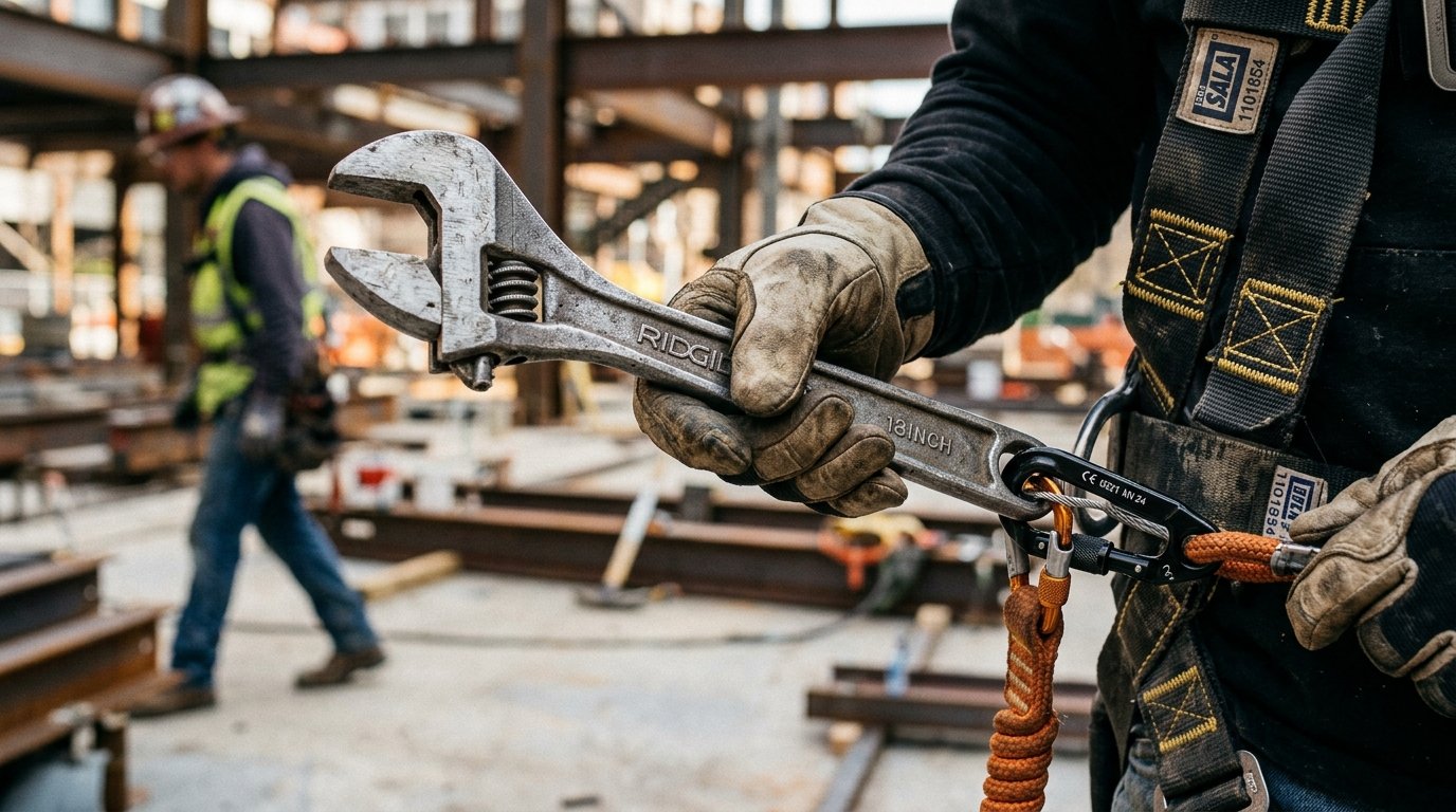 Close de ferramenta presa por cordão de segurança para prevenir a queda de objetos no trabalho em altura.