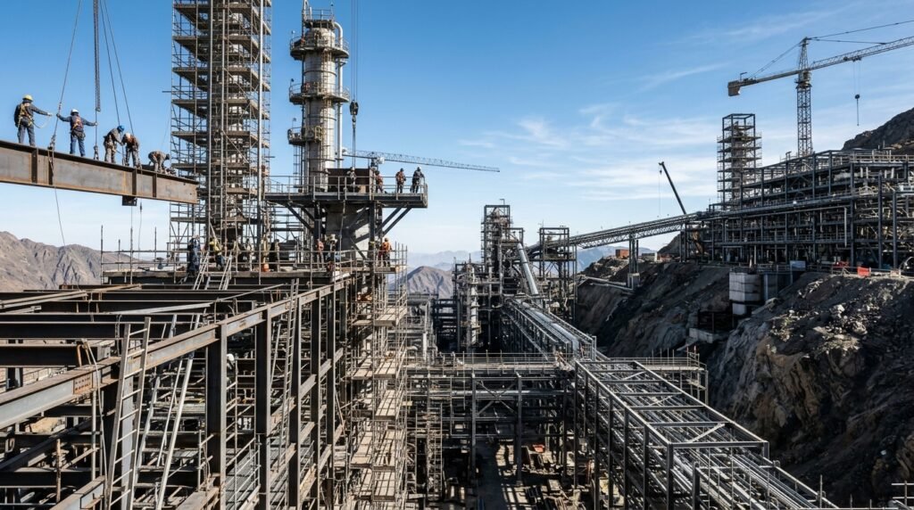 Vista ampla de canteiro de obras com andaimes altos ilustrando riscos de queda de objetos no trabalho em altura.