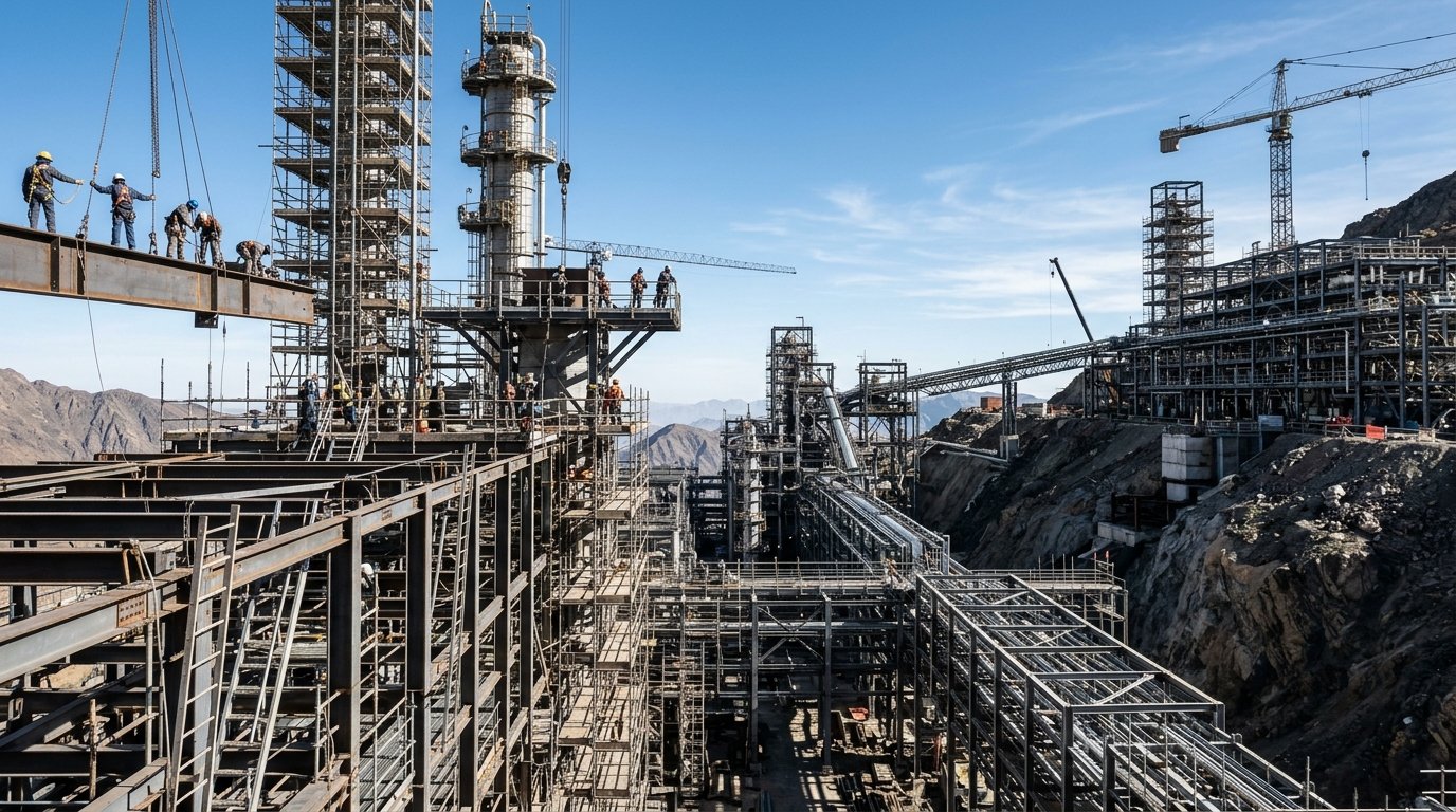 Vista ampla de canteiro de obras com andaimes altos ilustrando riscos de queda de objetos no trabalho em altura.
