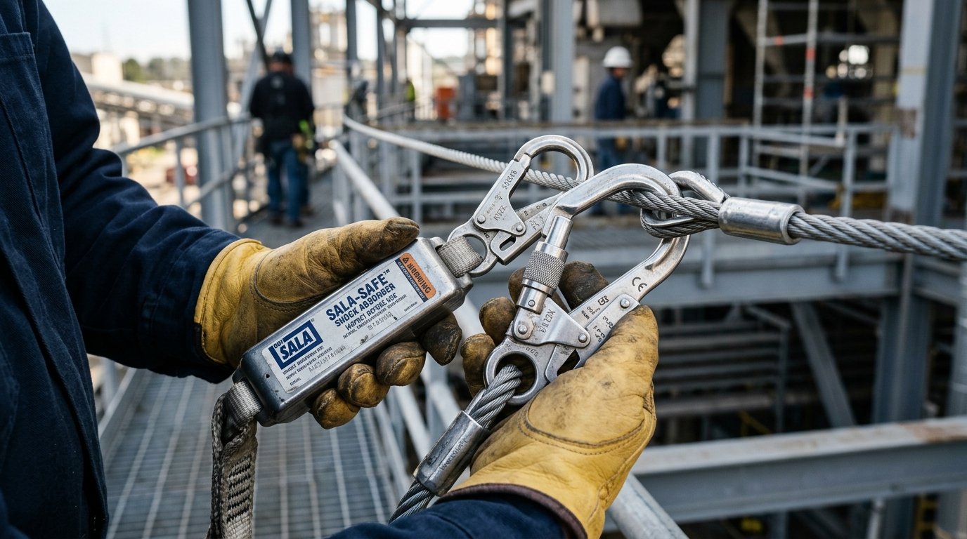 Detalhe de equipamento de segurança e trava quedas sob análise de quem pode assinar art de linha de vida.