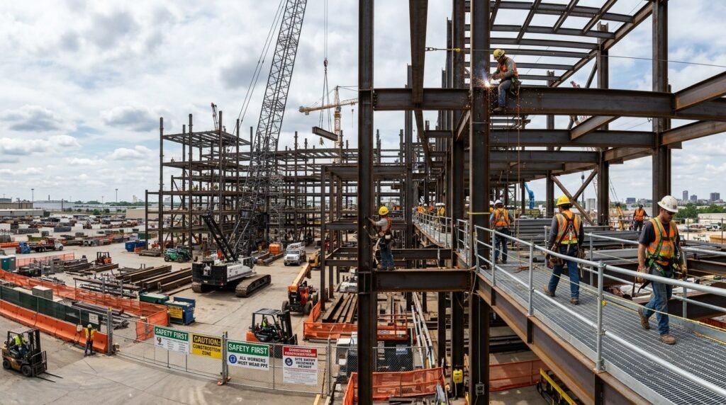 Vista ampla de canteiro de obras com operários e equipamentos sob responsabilidades do empregador no trabalho em altura.