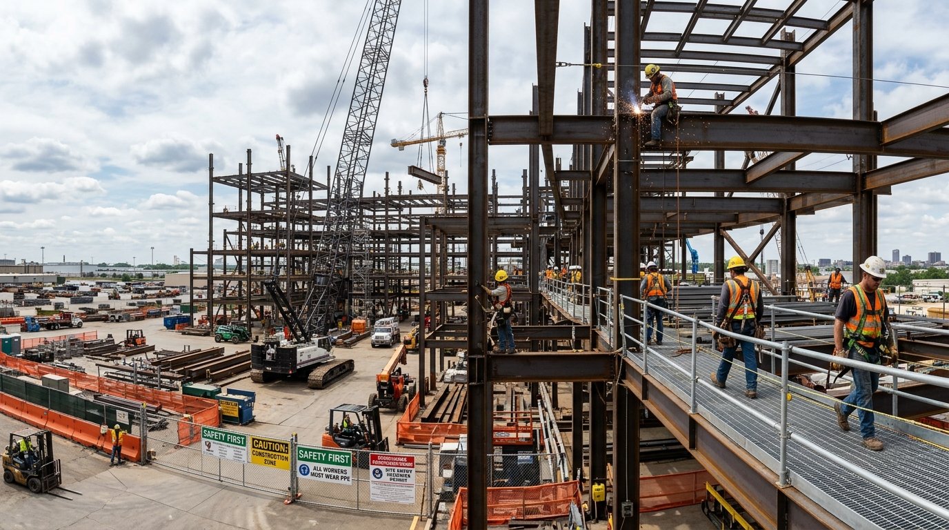 Vista ampla de canteiro de obras com operários e equipamentos sob responsabilidades do empregador no trabalho em altura.