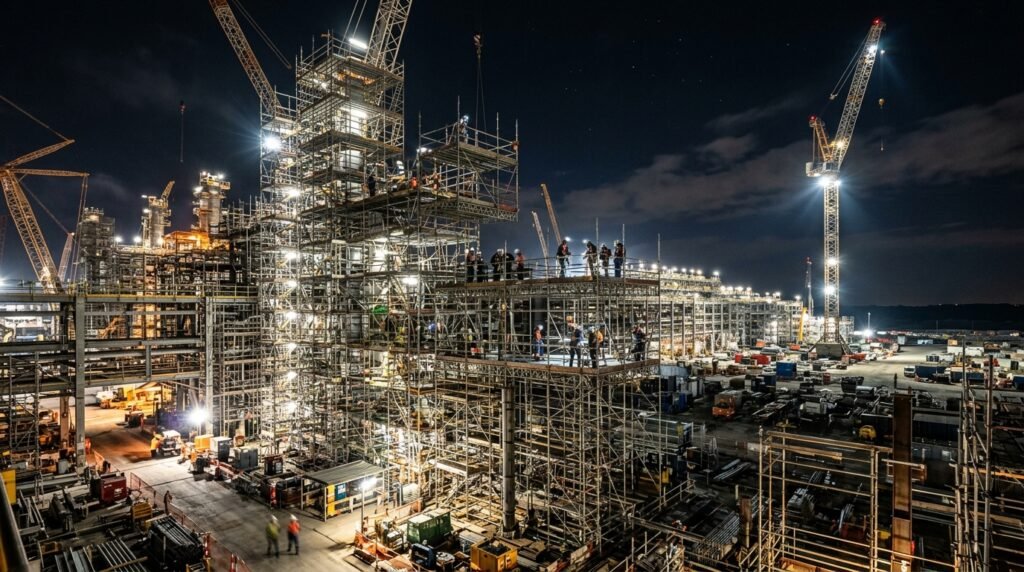 Vista ampla de canteiro iluminado mostra que o trabalho em altura pode ser realizado à noite com segurança e escala.